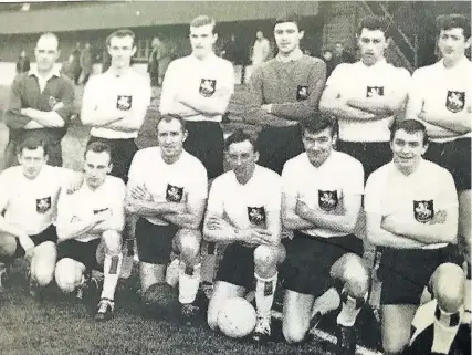  ??  ?? Taken at the 1964 GFA Senior Amateur Cup final when Bristol St George beat Glenside Hospital 1-0. Mike Tudor scored the only goal in front of 3,175 spectators at Eastville Stadium. Back row from left: Fred Green (trainer), Brian Takle, Joe Matthews, Mike Gummer, Roger Higgins, Bob “Tiger” Grimshaw. Front row, from left: Tommy Tucker, Ronnie Robbins, Ray Broad, Brian Mortimer (capt), Mike Tudor, Roger Park, There were no subs in those days and there was no manager in the line-up because the club was run by a committee who picked the team