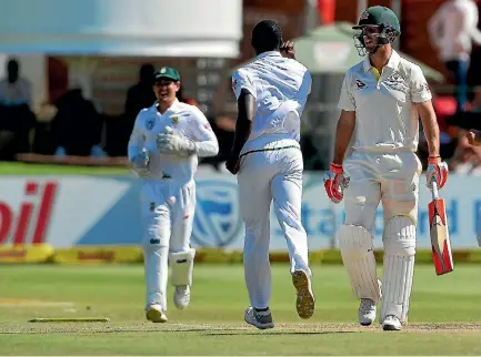  ?? GETTY IMAGES ?? Australia all-rounder Mitchell Marsh gives Kagiso Rabada an earful after being bowled by the Proteas quick on the final day of the second test.