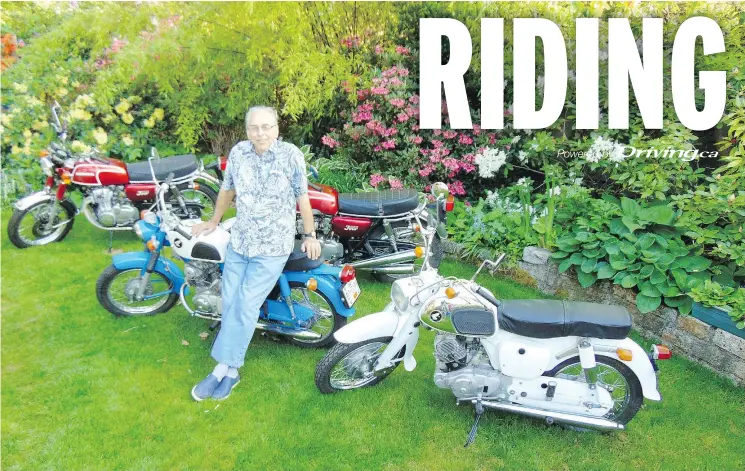  ?? ALYN EDWARDS ?? Gary Hawthorn proudly displays the vintage Honda motorcycle­s he has acquired and and restored in the past three years.