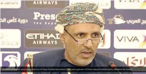  ??  ?? Dr Jassim al Shukaili, second vice-chairman of Oman Football Associatio­n (OFA) and supervisor of Oman national football teams, addresses the media.