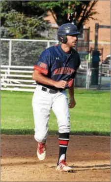  ?? ANNE NEBORAK — DIGITAL FIRST MEDIA ?? Narberth player-manager Matt DeBarberie was part Mudcats rally that buried Wayne Tuesday. of a