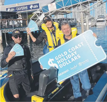  ??  ?? Paradise Jet Boating owner and operator Tony Johnson (right) says incentives like the Gold Coast Holiday Dollars program are important for the tourism industry, and staff such as Dave Macnicol and Callie Johnson.