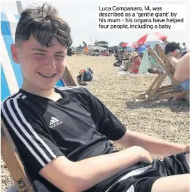  ?? PHOTO: SWNS ?? Luca Campanaro, 14, was described as a ‘gentle giant’ by his mum – his organs have helped four people, including a baby