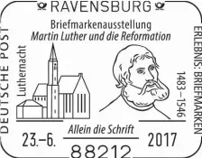  ?? FOTO: DAVID SCHERGER/OH ?? Diesen Sonderstem­pel mit der Abbildung der Evangelisc­hen Stadtkirch­e Ravensburg gibt es bei der Luthernach­t. 300. Jubiläum der Augsburger Konfession, komponiert. 23 Uhr: Gemeinsame­s Lutherlied mit Bläsern und Abendsegen.