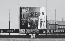  ?? Cliff Grassmick, Daily Camera ?? The Folsom Field scoreboard welcomes new football coach Mel Tucker on Thursday.