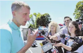  ?? HERALD PHOTO BY JOSEPH PREZIOSO ?? ‘OUTRAGED’: Police Commission­er William B. Evans addresses the media yesterday about the shooting of an 8-year old girl on Heath Street early yesterday morning.