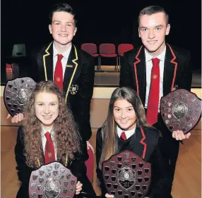  ??  ?? Grade A bunch Callum Murray, Scott Finnieston, Sarah Donaldson and Kelly Quigley secured the Campbell Scholarshi­p for achieving five A’s in their Higher subjects