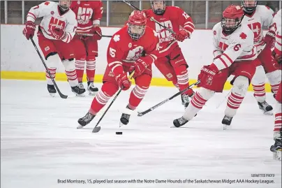  ?? SUBMITTED PHOTO ?? Brad Morrissey, 15, played last season with the Notre Dame Hounds of the Saskatchew­an Midget AAA Hockey League.