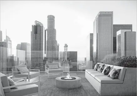  ?? Renderings by CallisonRT­KL ?? PERLA, THE FIRST western U.S. project for SGG America, will go up at Broadway and 4th Street in Los Angeles. The $300-million condo skyscraper will include three outdoor decks with a pool, fire pits, gas barbecues, outdoor kitchens and two dog runs.