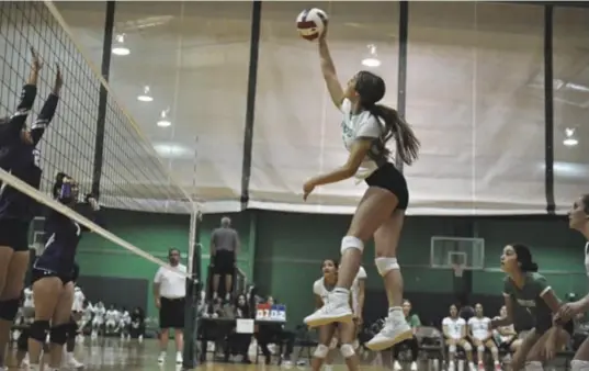  ?? Photo by Ger Demarest. ?? Moriarty’s Aneesa Chavez at the net against Clovis, Sept. 3, 2022.