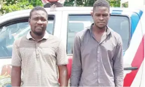  ??  ?? Alex Obinyan (39), a cleaner and Ayuba Samson (29), after their arrest by the police for allegedly stealing their employers’ jewelries worth N243 million