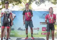  ??  ?? James Estrada (middle), Patrick Policarpio (left) and Ateneo student Adrian Cruz display their medals after finishing first, second and third, respective­ly, in the recent Clark Duathlon Classic organized by GoClark Sports & Events at the Filinvest Mimosa, Pampanga.