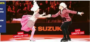  ??  ?? PARRUCCHE? SÌ, MA DI CARTA Anna Cappellini e Luca Lanotte pattinano insieme da 14 anni. Nel 2014 hanno vinto i Mondiali e gli Europei di danza su ghiaccio. ln questo show sono anche coreografi e indossano leggerissi­me parrucche di carta.