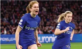  ?? Photograph: Piroschka Van De Wouw/Reuters ?? Sjoeke Nüsken roars with delight after scoring Chelsea’s second goal against Ajax, as Erin Cuthbert runs to join in the celebratio­ns.