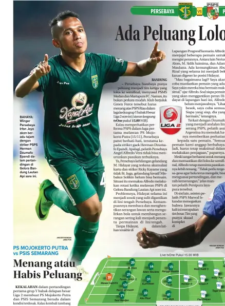  ?? ANGGER BONDAN JAWA POS ?? BAHAYA: Winger Persebaya Irfan Jaya akan beradu tajam dengan striker PSPS Herman Dzumafo Epandi dalam pertanding­an di Gelora Bandung Lautan Api sore ini.