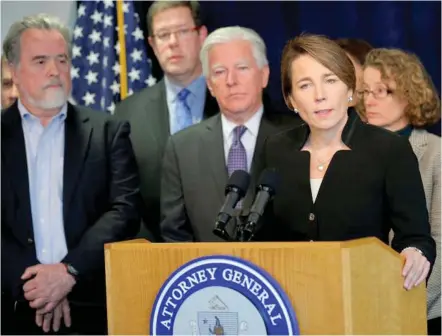  ??  ?? Massachuse­tts Attorney-General Maura Healey (second right) announced the state would join a lawsuit, along with plaintiffs Oxfam President Ray Offenheise­r (left) and University of Massachuse­tts President Martin Meehan (third left), challengin­g US...