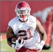  ?? NWA Democrat-Gazette/ANDY SHUPE ?? Arkansas junior running back Devwah Whaley, who rushed for 559 yards and seven touchdowns last season, said he now weighs 209 pounds after being 217 in the spring.