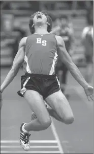  ?? Arkansas Democrat-Gazett/MITCHELL PE MASILUN ?? Justin Feemster of Heber Springs reacts while competing in the long jump at the state high school decathlon Wednesday at Cabot High School.