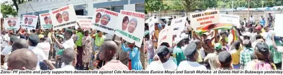  ??  ?? Zanu- PF youths and party supporters demonstrat­e against Cde Nomthandaz­o Eunice Moyo and Sarah Mahoka at Davies Hall in Bulawayo yesterday