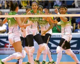  ?? —AUGUST DELA CRUZ ?? The Lady Spikers celebrate yet another championsh­ip appearance in the UAAP.