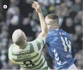  ??  ?? 0 1, Steven Gerrard had to calm his players. 2, Andy Halliday clashes with Scott Brown. 3, Rangers goalscorer Ryan Kent floors Brown with a push to the face.
4, Mikael Lustig is grounded but smiling... 5... And gets up with his shirt ripped from the neck down.