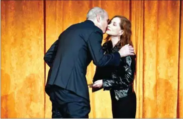  ?? NORTH AMERICA/AFP DIMITRIOS KAMBOURIS/GETTY IMAGES ?? Best Foreign Language Film Award Winner Samuel Maoz and Isabelle Huppert at the National Board of Review Annual Awards Gala at Cipriani 42nd Street on January 9 in New York City.