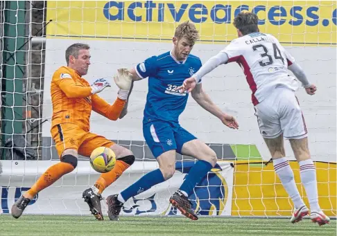  ??  ?? SAVE: Rangers keeper Allan McGregor denies Ross Callachan this time, but the Accies man scored a late