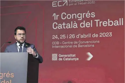  ?? Toni Albir / Efe ?? El president del Govern català, Pere Aragonès, durant la inauguraci­ó del congrés ahir a Barcelona.