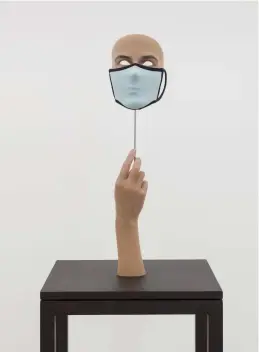  ??  ?? 7. Mask Masked, 2020, Gillian Wearing, fabric mask, wax sculpture, steel rod and wooden base, ht 56cm (base: ht 92cm)