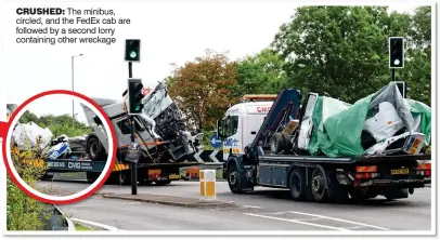  ??  ?? CRUSHED:
The minibus, circled, and the FedEx cab are followed by a second lorry containing other wreckage