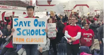  ?? CHERYL CHAN ?? Hundreds of people attend the Vancouver school board meeting on Monday at Charles Tupper Secondary, where they voted to push all but one of the 12 schools on the short list closer to possible closure.