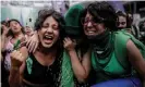  ??  ?? A carnival-like atmosphere is evident in front of the congress building in Buenos Aires on Friday after the vote was announced. Photograph: Juan Ignacio Roncoroni/EPA