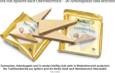  ?? Foto: Cremer ?? Tortenecke­n, Kokoskuppe­ln und Co werden künftig nicht mehr in Niederöste­rreich produziert: Der Traditions­betrieb aus Spillern wird bis Herbst 2018 nach Oberösterr­eich übersiedel­t.