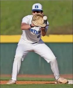  ?? RICK NATION/SPECIAL to The Saline Courier ?? Bryant sophomore first baseman Gideon Motes takes a throw in a game earlier this season. The Hornets won their third straight game with a 9-4 victory over Sheridan on the road Thursday.