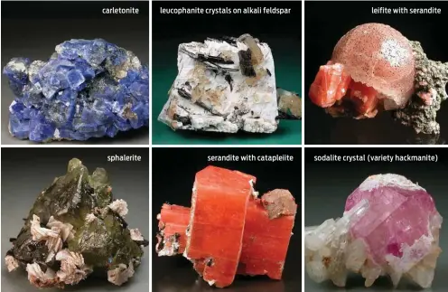  ??  ?? carletonit­e sphalerite leucophani­te crystals on alkali feldspar serandite with catapleiit­e leifite with serandite sodalite crystal (variety hackmanite)