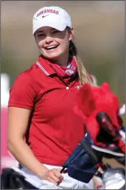  ?? (NWA Democrat-Gazette/David Gottschalk) ?? University of Arkansas golfer Brooke Matthews is six strokes behind co-leaders Ingrid Lindblad and Rose Zhang heading into today’s final round of the Augusta National Women’s Amateur in Augusta, Ga.