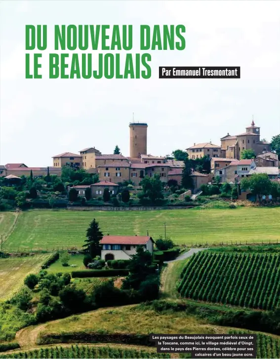  ??  ?? Les paysages du Beaujolais évoquent parfois ceux de la Toscane, comme ici, le village médiéval d'oingt, dans le pays des Pierres dorées, célèbre pour ses calcaires d'un beau jaune ocre.