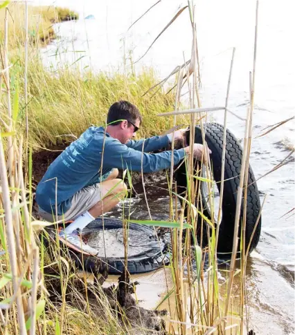  ??  ?? Ivan Philippoff removes a tire from the edge of the Graveline Bayou in Jackson County during a previous Mississipp­i State University Extension Service Coastal Cleanup. (Photo by Kevin Hudson, MSU Extension Service file photo)