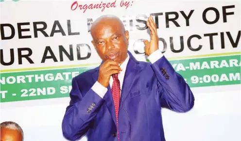  ??  ?? The Permanent Secretary Federal Ministry of Labour and Productivi­ty, Dr. Clement Illoh addressing participan­ts during a workshop held recently in Abuja.