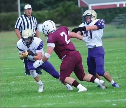  ??  ?? St. Raphael senior Andrew Andella (4) is the focal point of the St. Raphael offense, which is being run by head coach Mike Sassi this season. Andella caught a 25-yard touchdown pass in the second quarter of Saturday’s 23-7 win at Woonsocket.