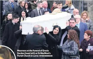  ?? PETER MORRISON ?? Mourners at the funeral of Gracie Gordon (inset left) at St MacNissi’s Parish Church in Larne