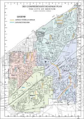  ?? SUBMITTED ?? This is Mentor’s 2021Compre­hensive Roadway Plan, including streets that are part of the annual Road Repair Program.