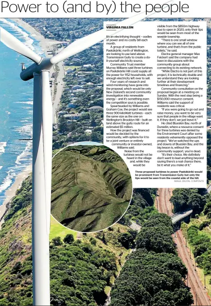  ?? IMAGE: DIGITAL COMPOSITE ?? Three proposed turbines to power Paeka¯ka¯riki would be prominent from Transmissi­on Gully but only the tips would be seen from the coastal side of the hill.