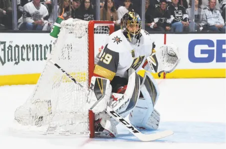  ?? Andrew D. Bernstein / NHLI via Getty Images ?? Goalie Marc-Andre Fleury limited the Kings to three goals in four games as the Golden Knights swept their first-round series.