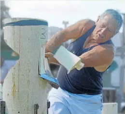  ??  ?? Veteran axeman George Richards, 73, from Putaruru, sends woodchips flying in a 300mm standing event at the Marton Junction Axemen’s Club’s annual wood chopping and sawing competitio­n at their Marton woodchoppi­ng ground on February 9. More than 50 of the North Island’s top axemen converged on Marton to compete. Terry Stillman took the picture.