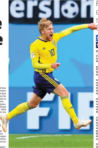  ??  ?? Emil Forsberg celebrates after scoring Sweden’s winning goal