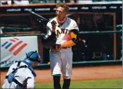  ?? RANDY VAZQUEZ — BAY AREA NEWS GROUP FILE ?? The San Francisco Giants’ Hunter Pence smiles before batting at Oracle Park on Aug. 2. Pence retired from baseball on Saturday.