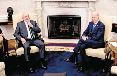  ?? Sipa USA | Feb. 10, 2023 ?? Brazilian President Luiz Inacio Lula da Silva, left, and U.S. President Joe Biden meet in the Oval Office of the White House in Washington, D.C. Trade is at the core of Brazil’s ambivalent position on Russia’s invasion of Ukraine as the South American country heavily depends on Russian fertilizer­s.