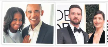  ??  ?? PAREJAS. Tanto el expresiden­te Obama, como el actor Justin Timberlake derrochan amor por sus esposas en las redes sociales.