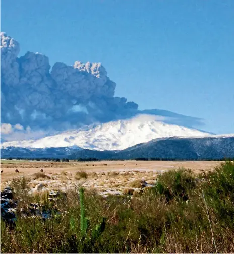  ??  ?? Mount Ruapehu belches steam and ash during the June 1996 eruption. The mountain is warming up again, but hopefully will have nothing to do with this evening’s planned disaster alert. Left, hockey fans at North Harbour Stadium will be warned about the...